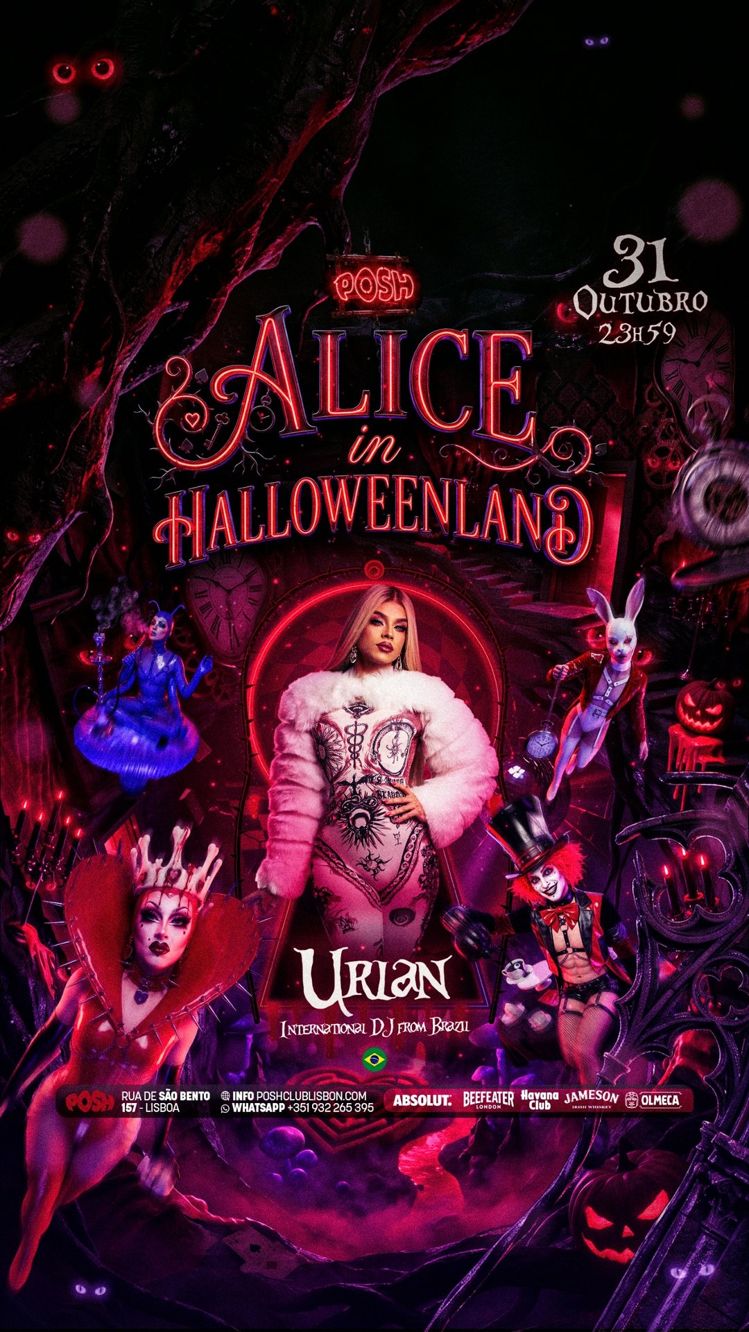 Cartaz Alice in Halloweenland — POSH Club, 31 de outubro, 23h59, com Urian